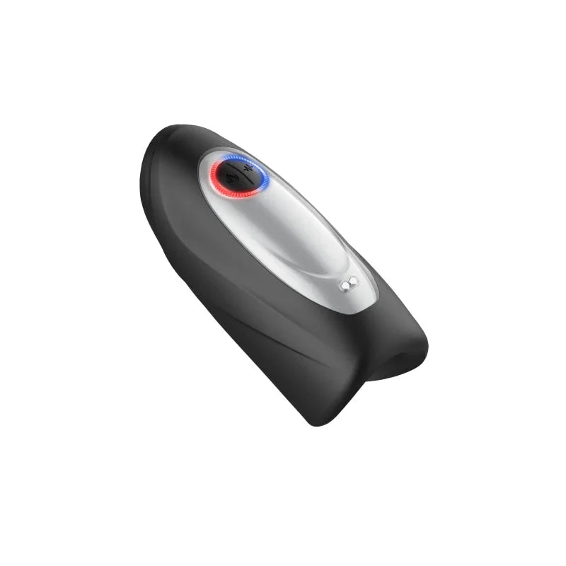 Black and silver men's masturbator with a red light on a white background