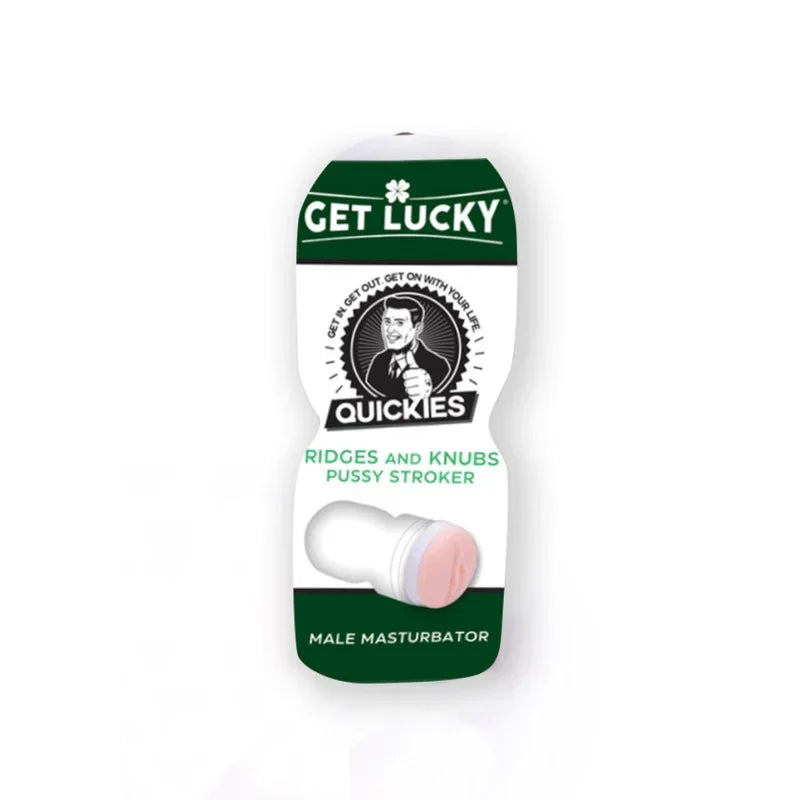 Male masturbator packaging with 'Get Lucky Quickies' branding on a white background