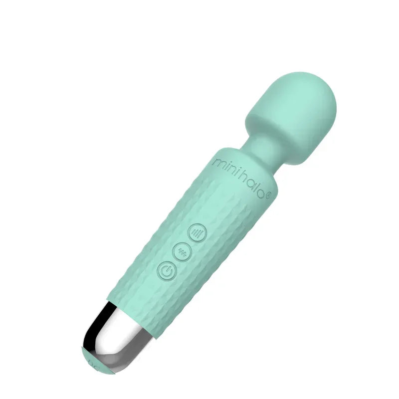 Mint green wand vibrator with 'minihalo' branding on a white background