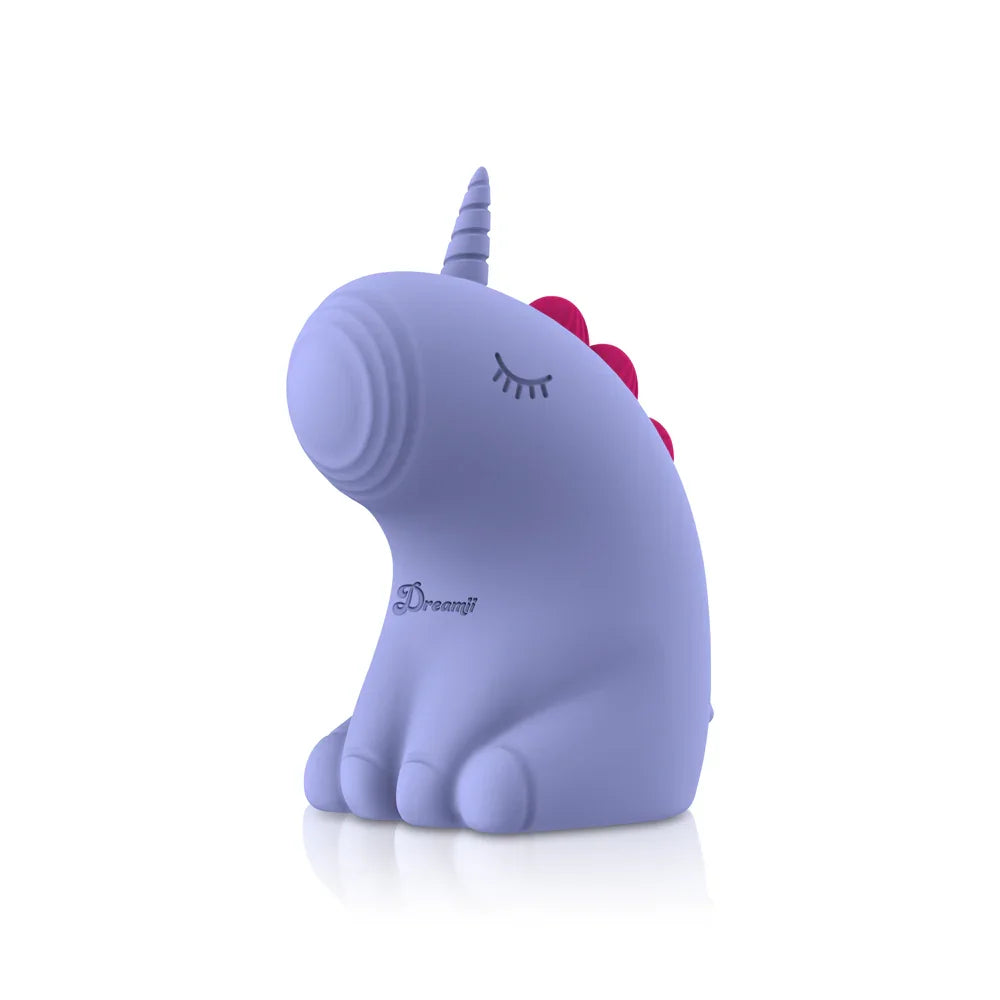 Purple unicorn-shaped product with a logo on a white background