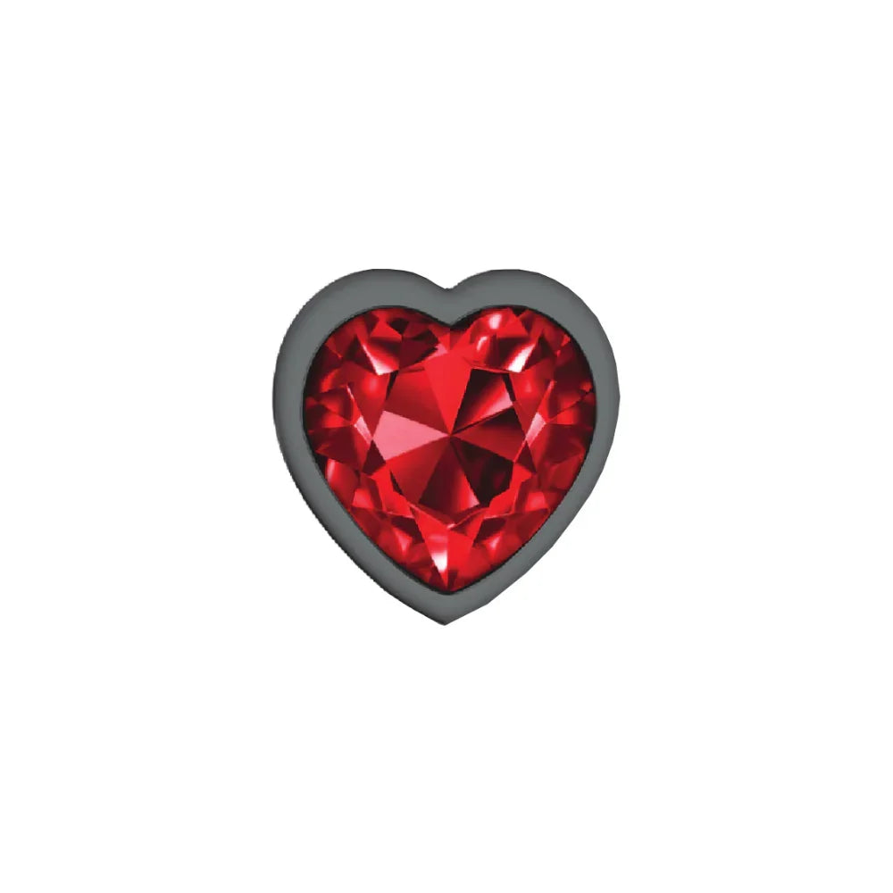 Heart-shaped red gemstone with black border on a white background