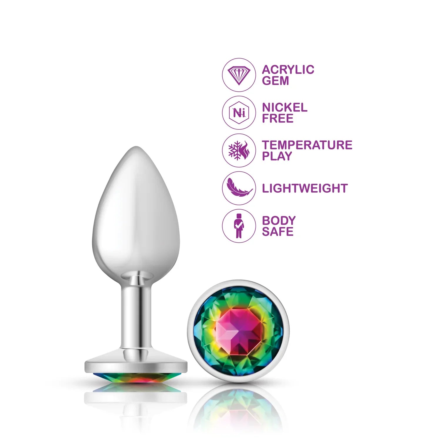 Silver anal plug with a colorful gem on a white background, featuring safety and feature icons.