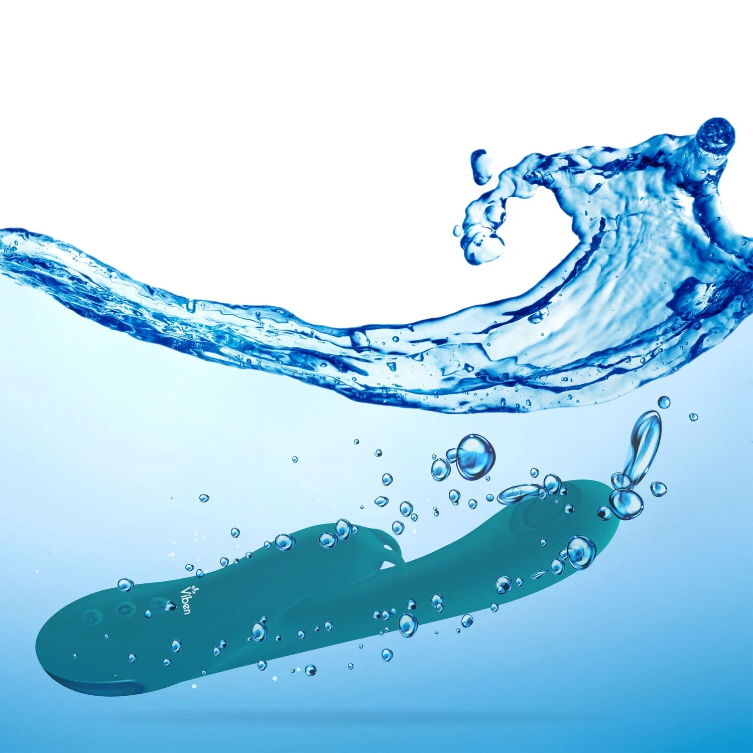 Teal massager submerged in water splash with bubbles on a white background