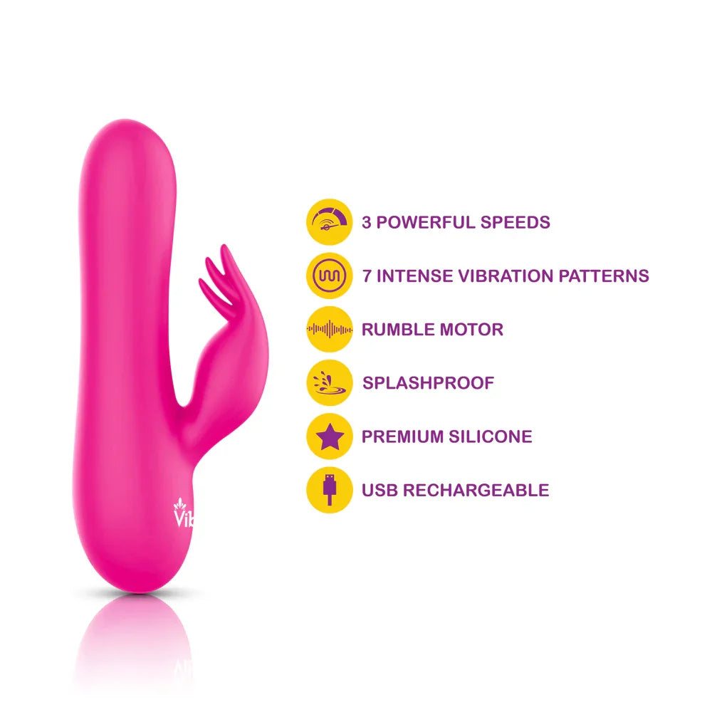 Pink toy with features listed on a white background