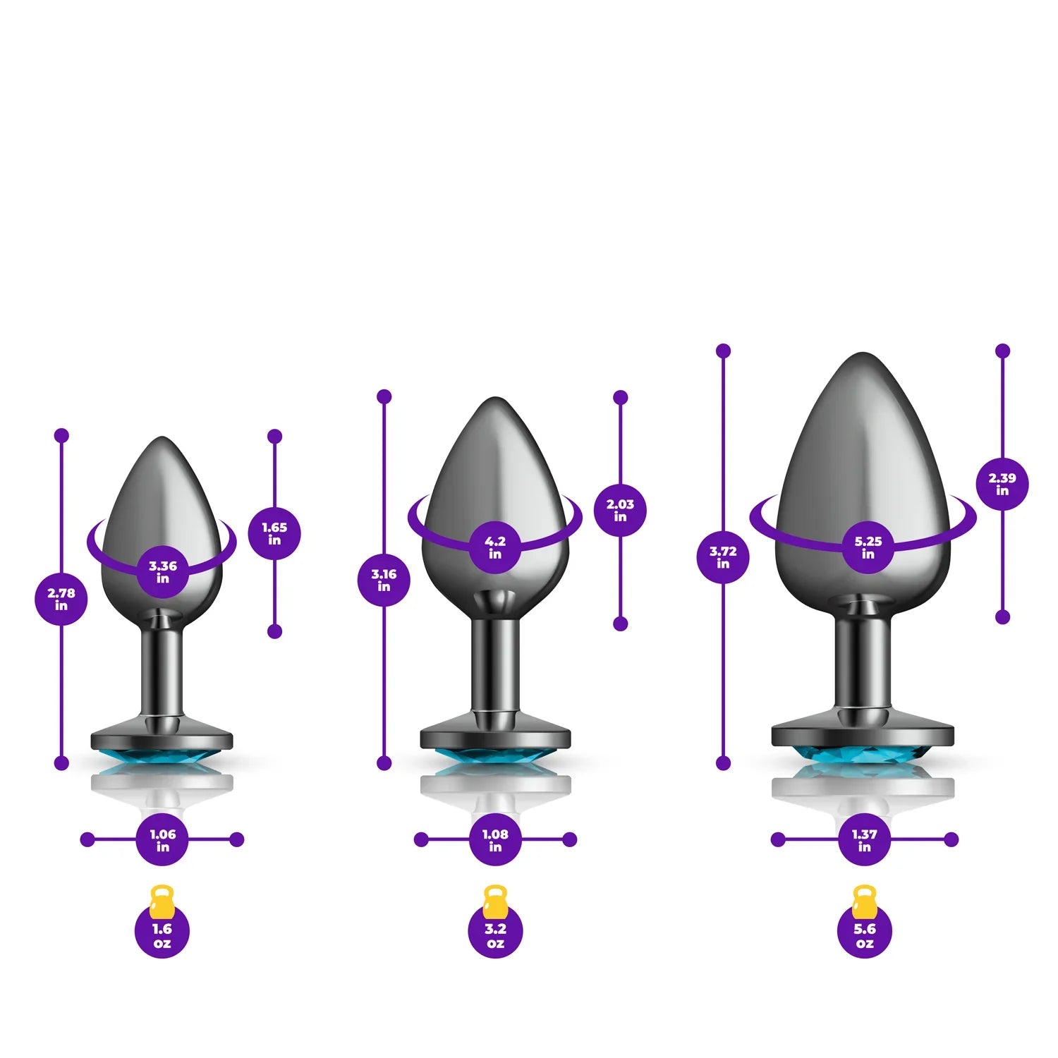 Set of three metallic butt plugs with size measurements on a white background