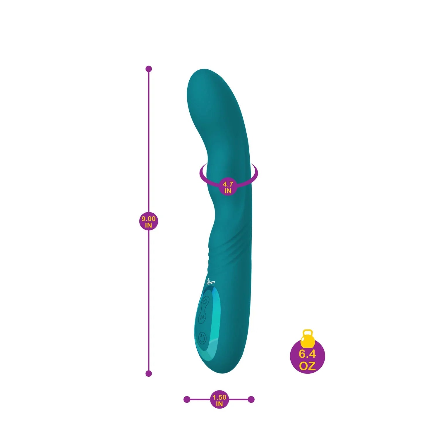 Teal massager with measurements on a white background