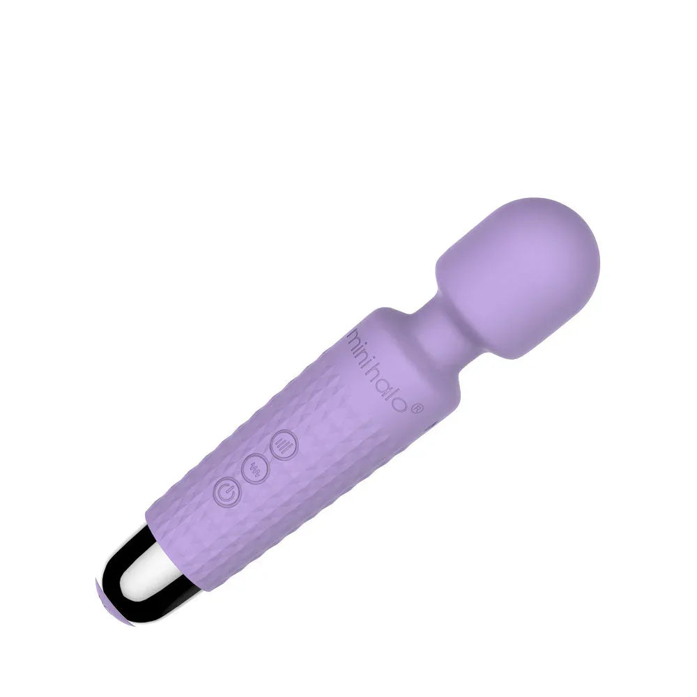 Purple handheld massager with brand logo on a white background