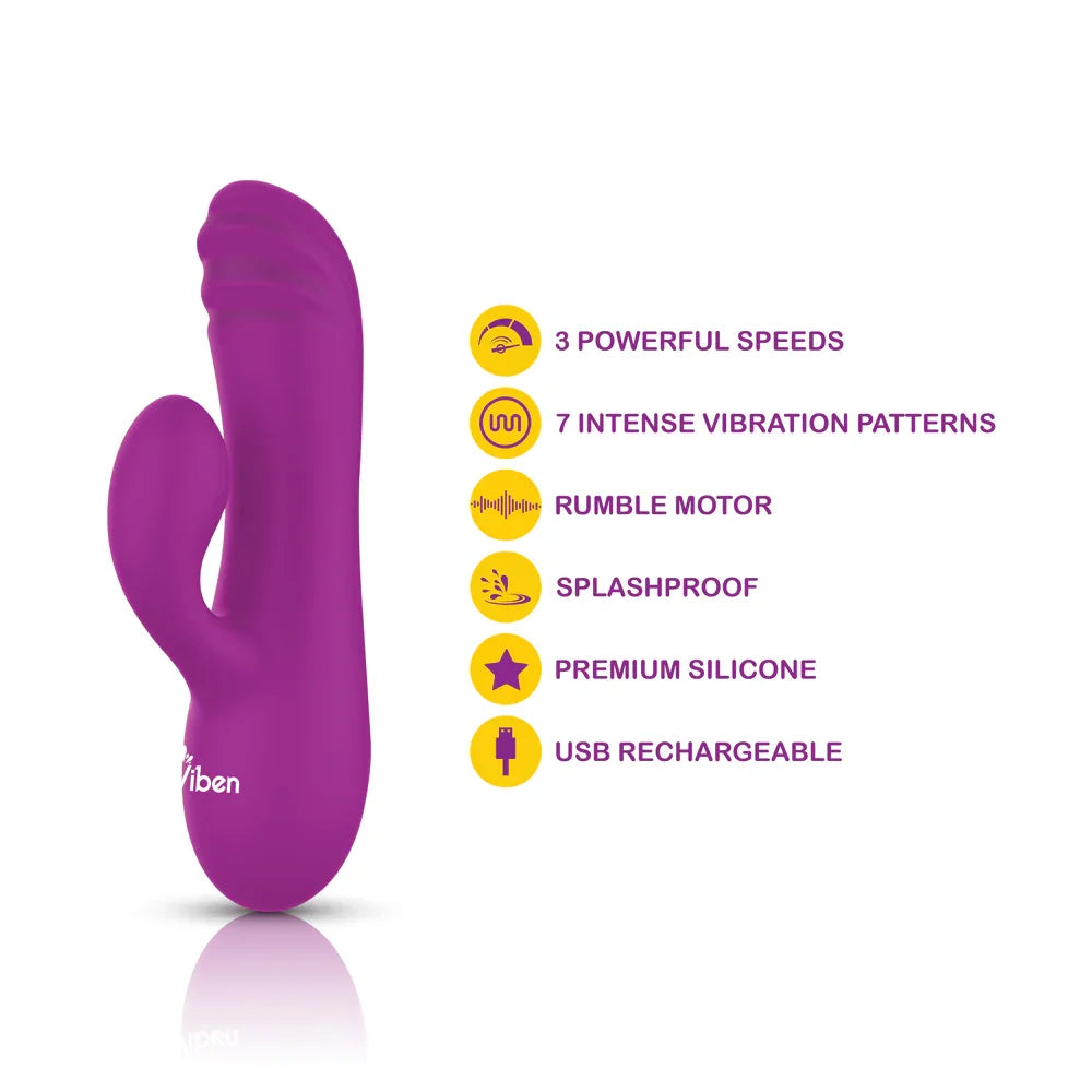 Purple silicone toy with features listed on a white background