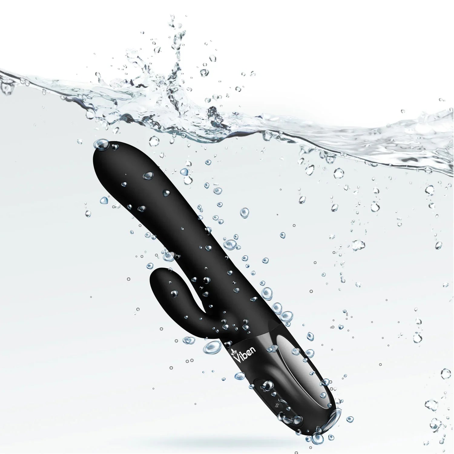 Black massager with 'Viben' branding submerged in water with splashes.