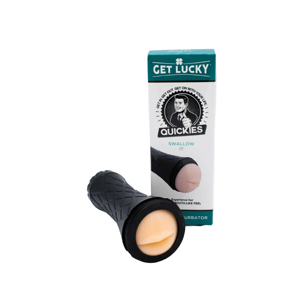 Sexual product with packaging labeled 'Get Lucky Quickies' on a white background