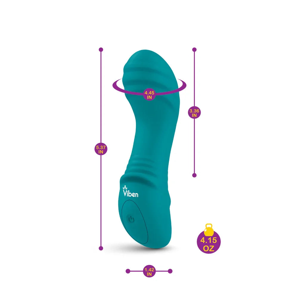 Teal massager with measurements on a white background