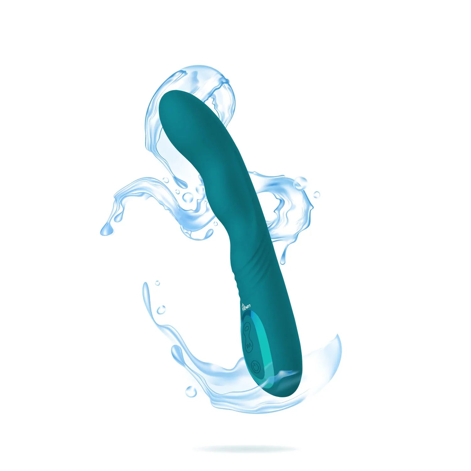 Teal massager with water droplets on a white background
