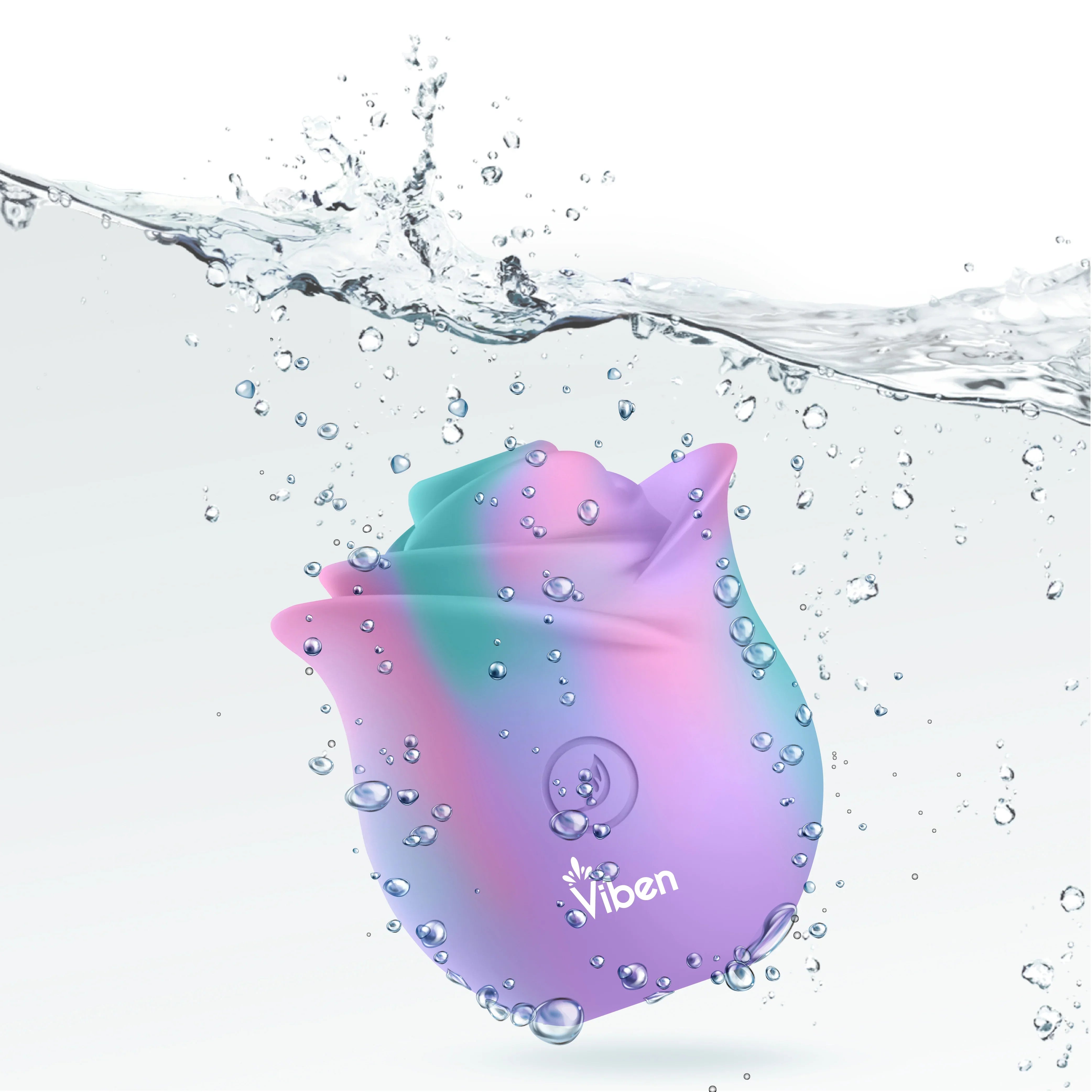 Colorful silicone rose-shaped massager with 'Viben' branding submerged in water