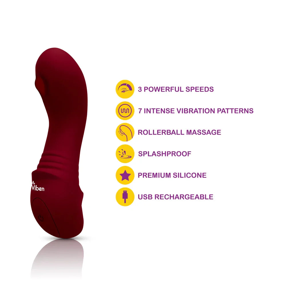 Red massager with features listed on a white background