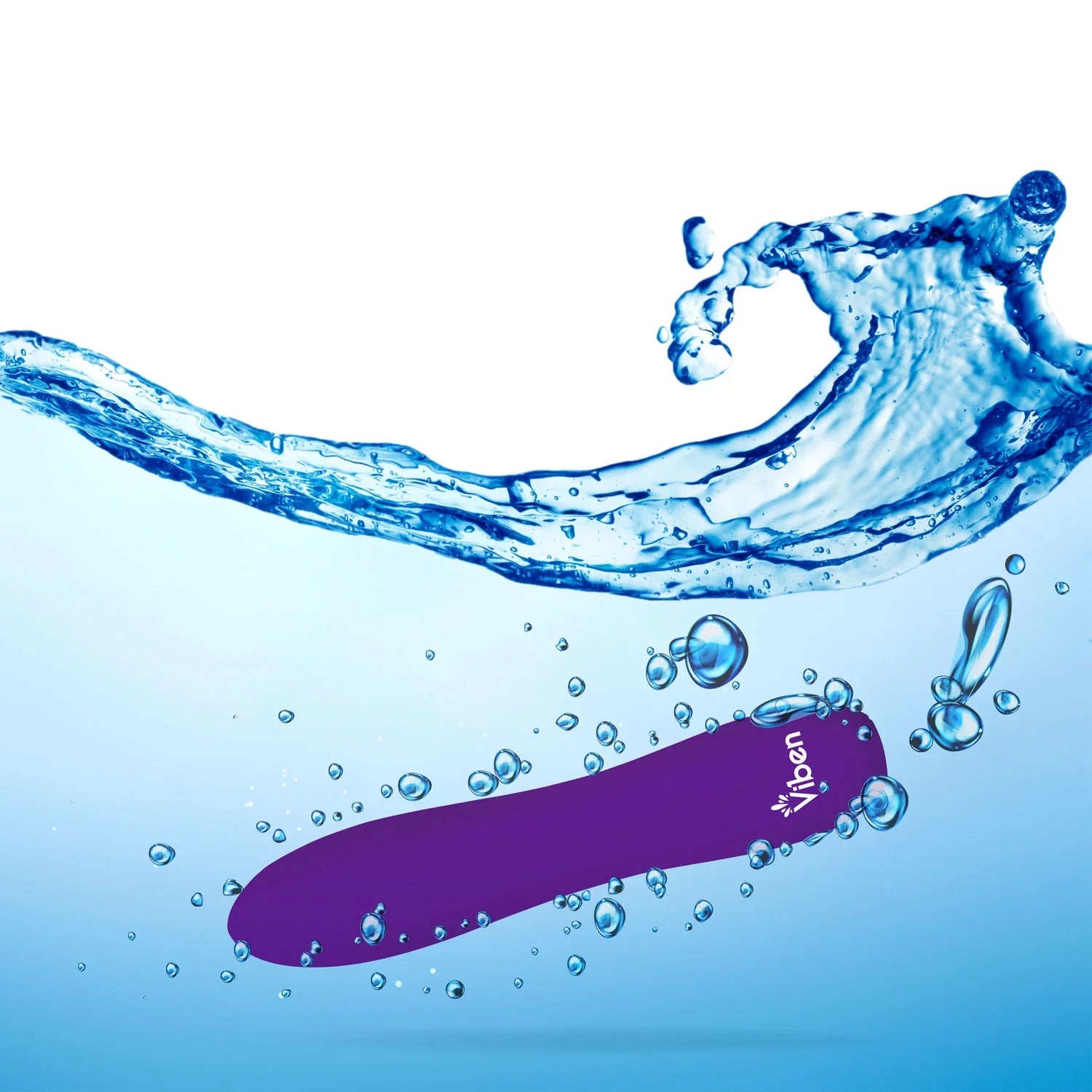 Purple toy with 'Viben' branding in water on a white background