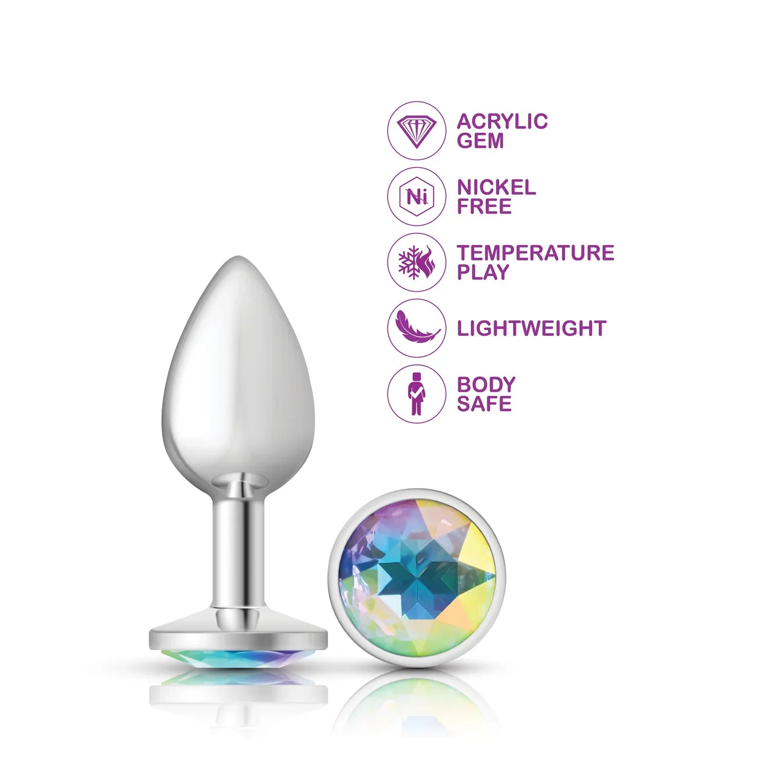 Butt plug with rainbow gemstone on a white background, featuring safety and feature icons.