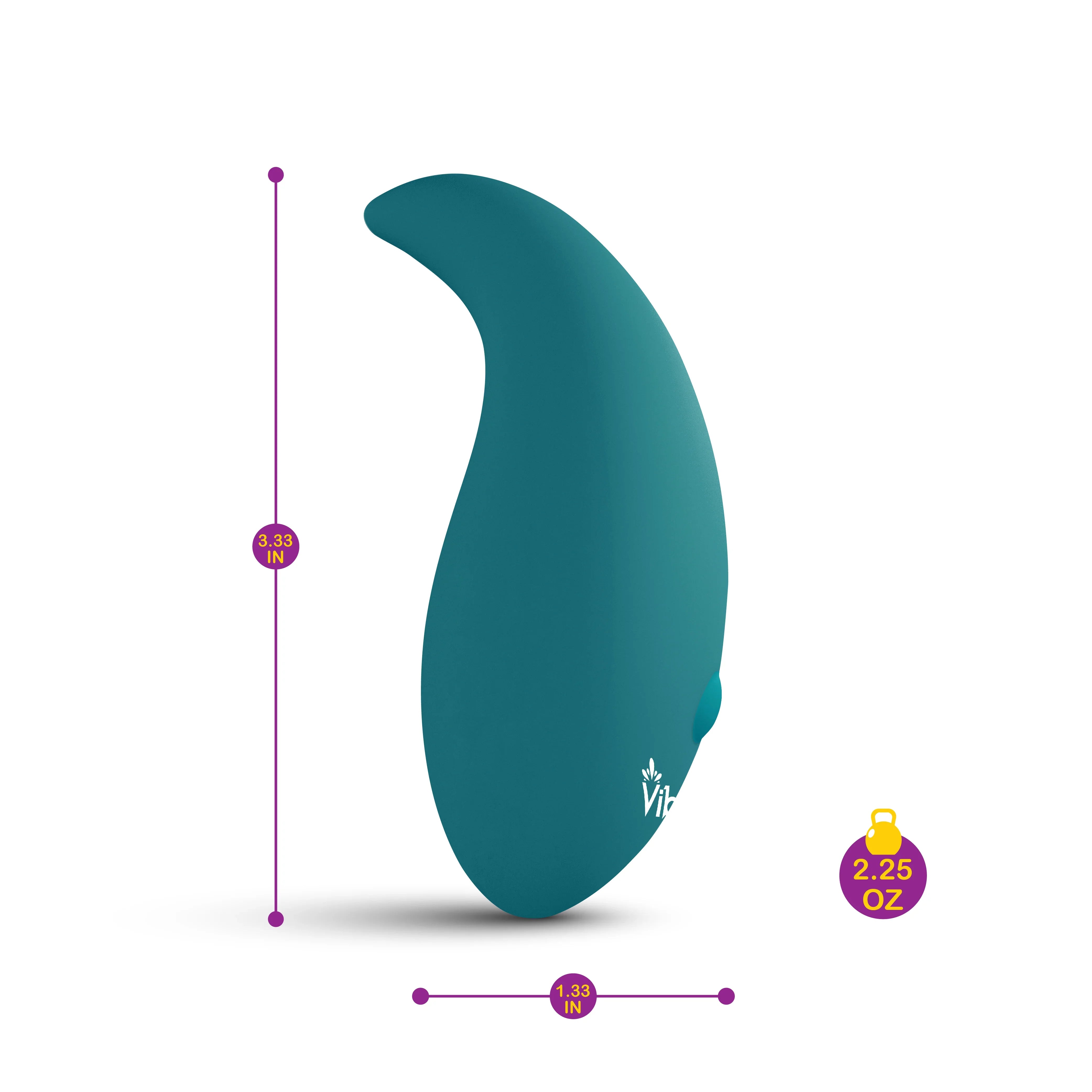 Viben Elated Teal vibrator with measurements, weight and brand logo on a white background