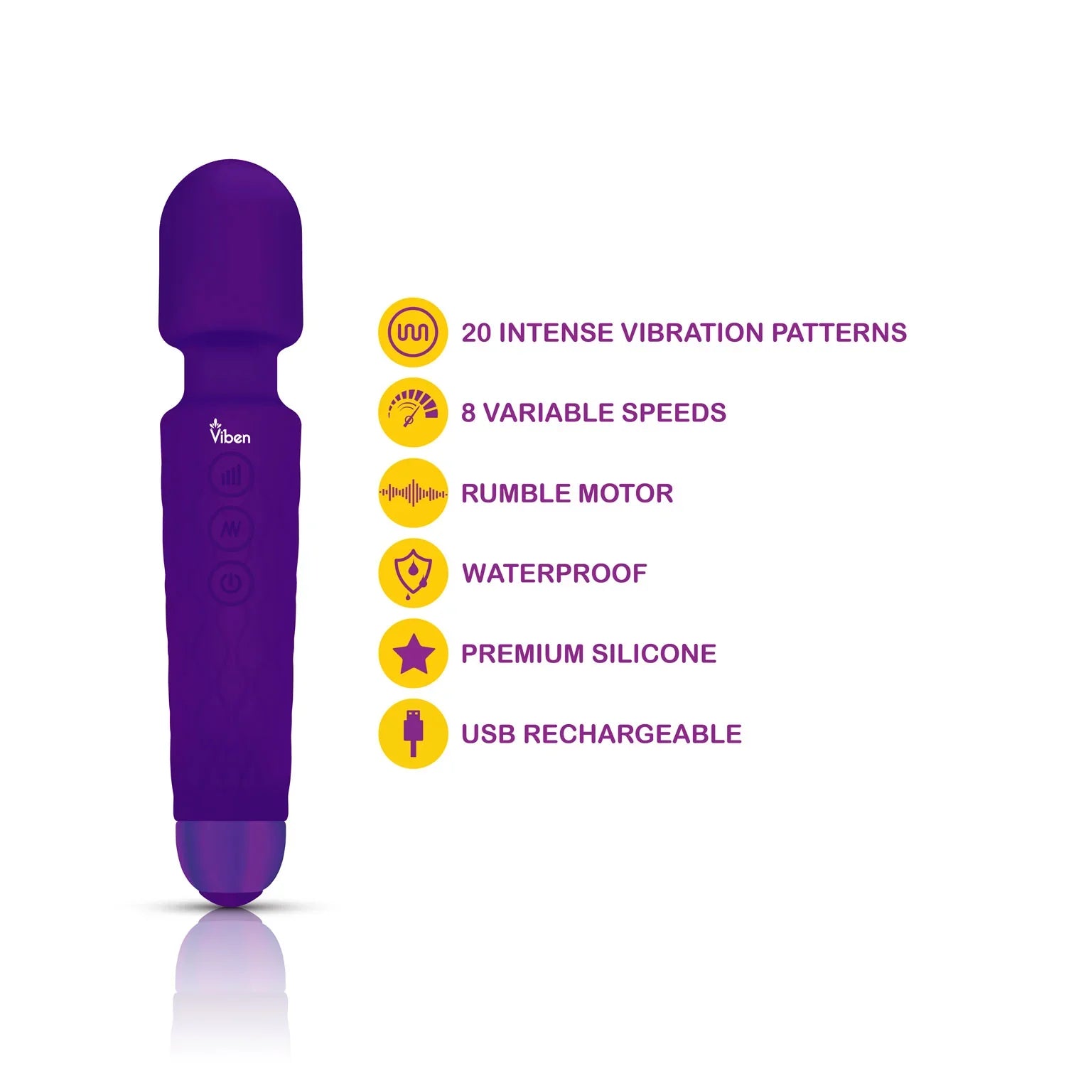 Purple electronic device with features listed on a white background