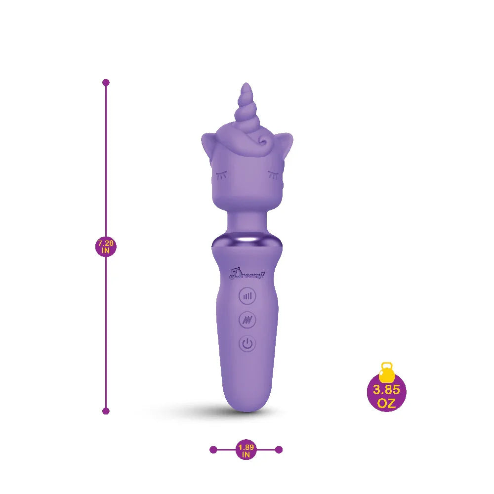 Purple unicorn-shaped vibrator with measurement indicators on a white background