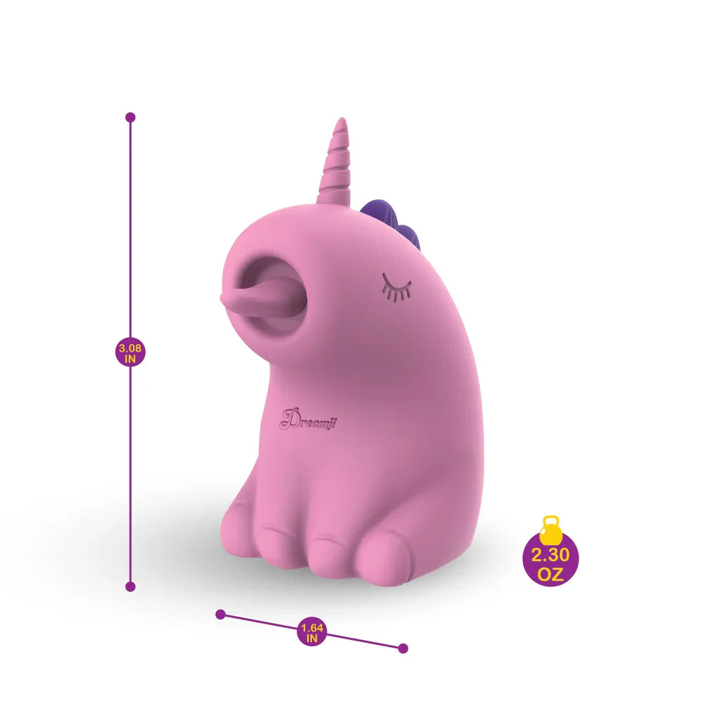 Pink unicorn-shaped vibrator with measurement indicators on a white background
