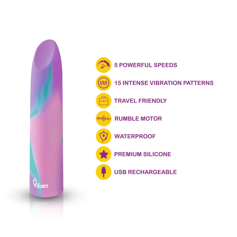 Purple and pink silicone toy with features listed on a white background