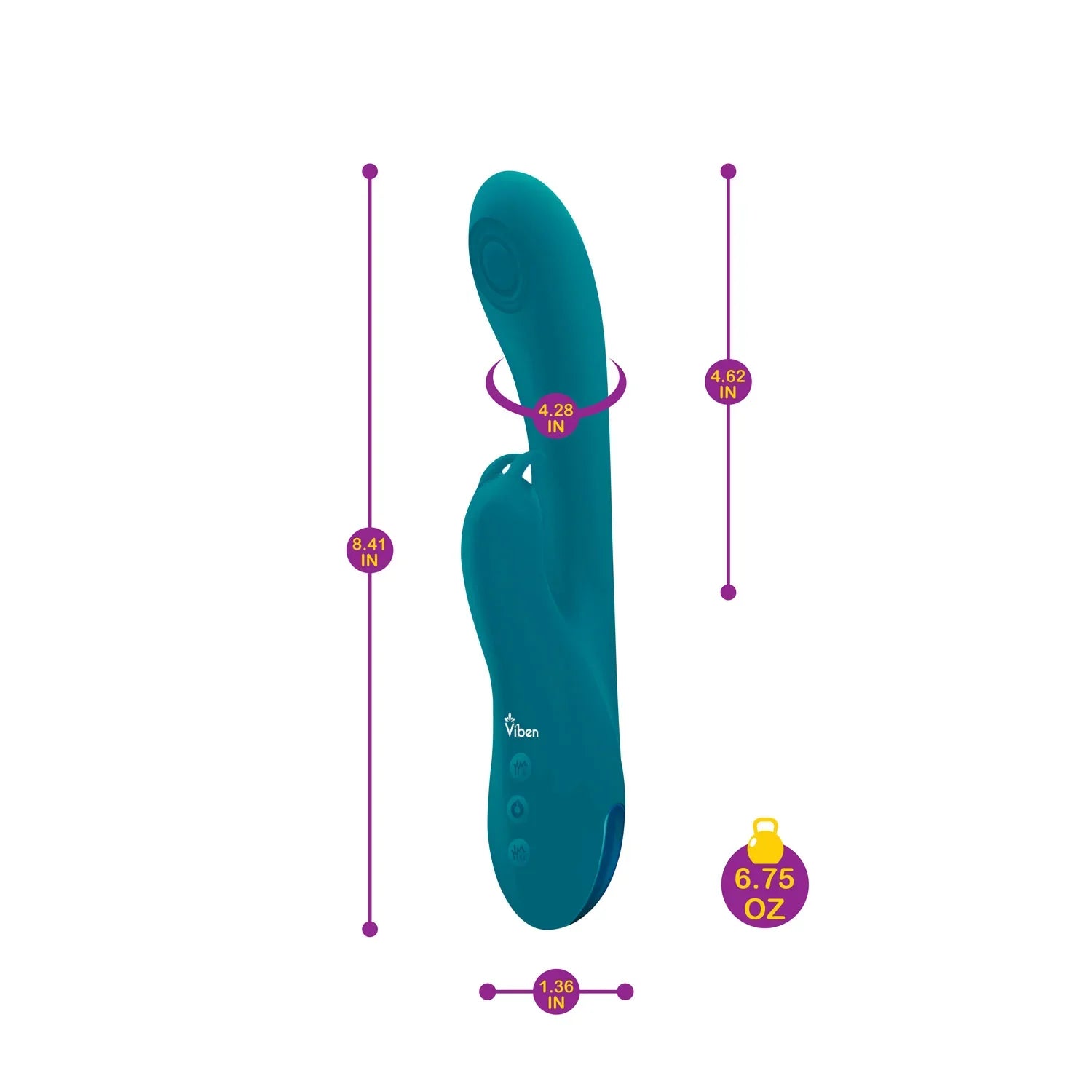 Teal massager with measurements on a white background