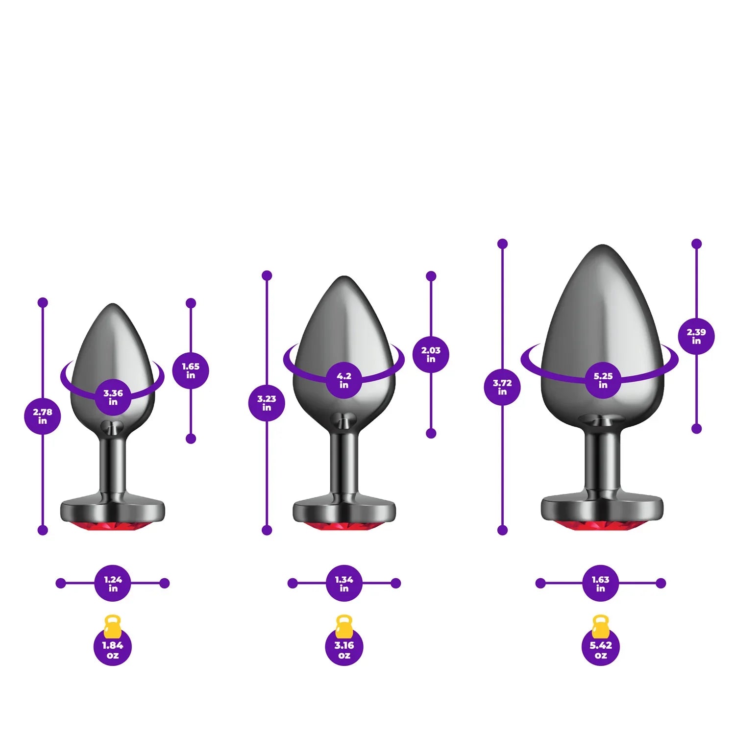 Set of metallic butt plugs with size measurements on a white background