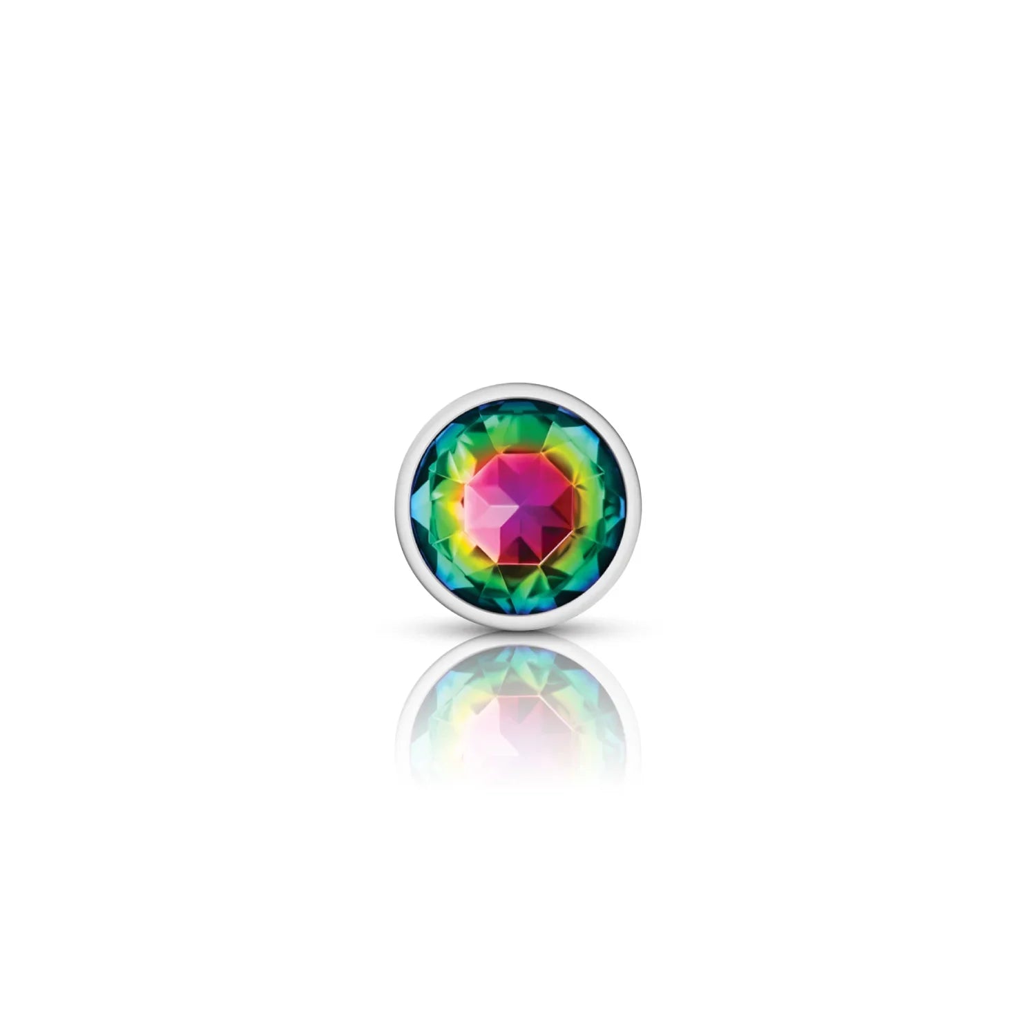Multicolored gemstone in a silver setting on a white background