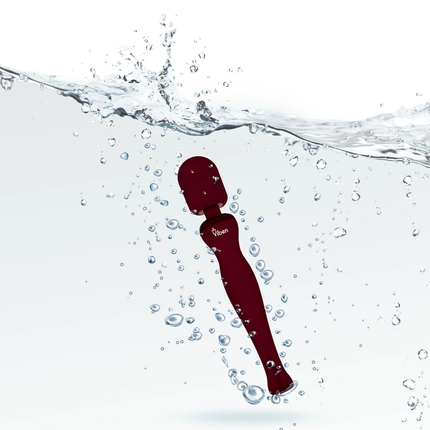 Red toy with 'Viben' branding partially submerged in water on a white background