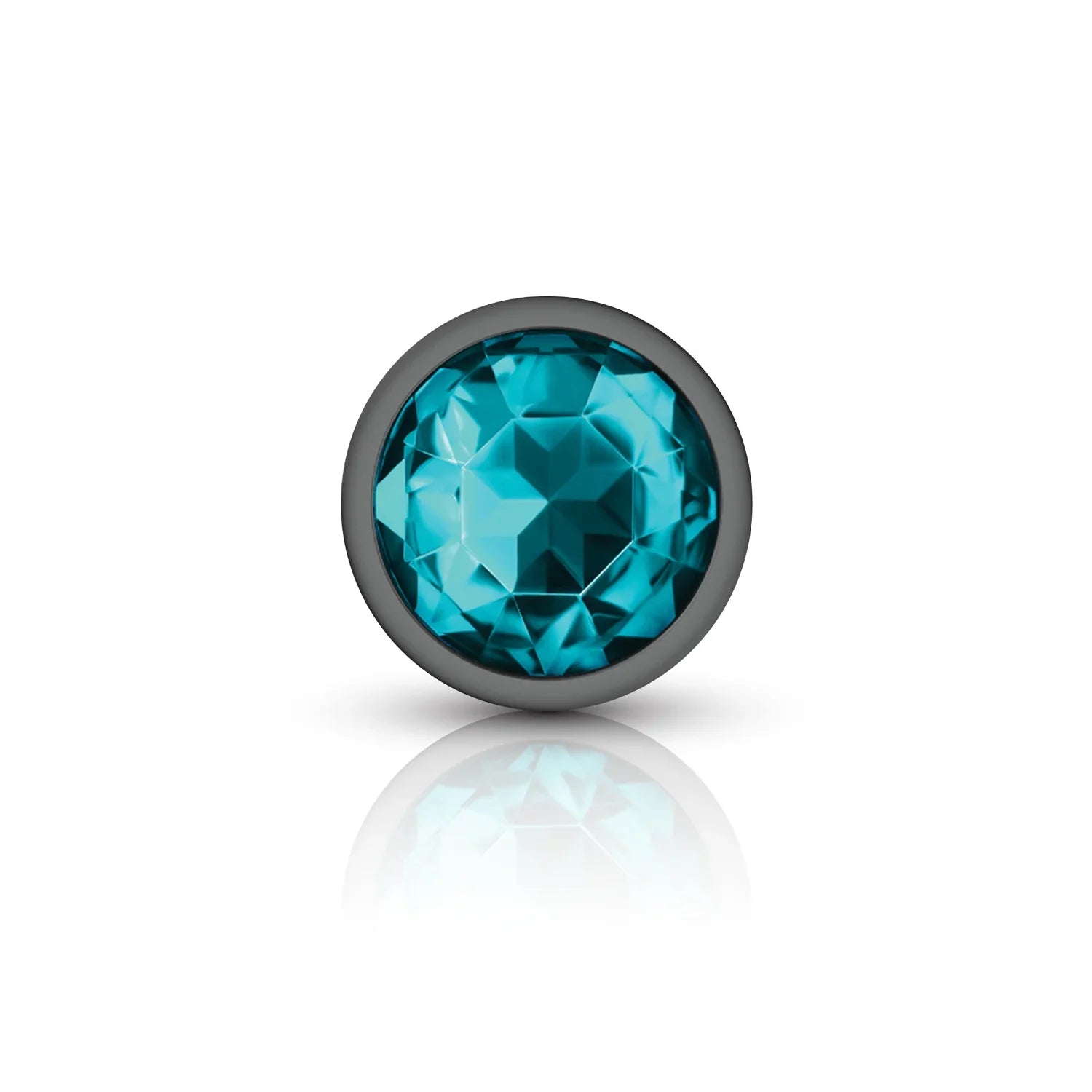Teal gemstone in a black setting on a white background