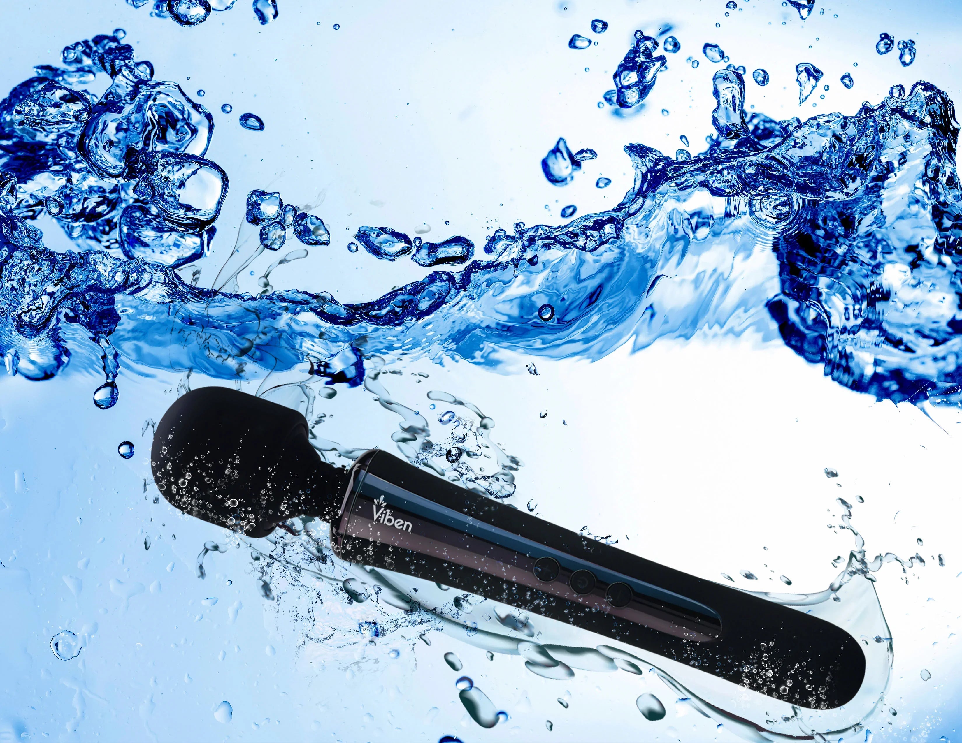 Black wand massager with 'Viben' branding in water with splashes