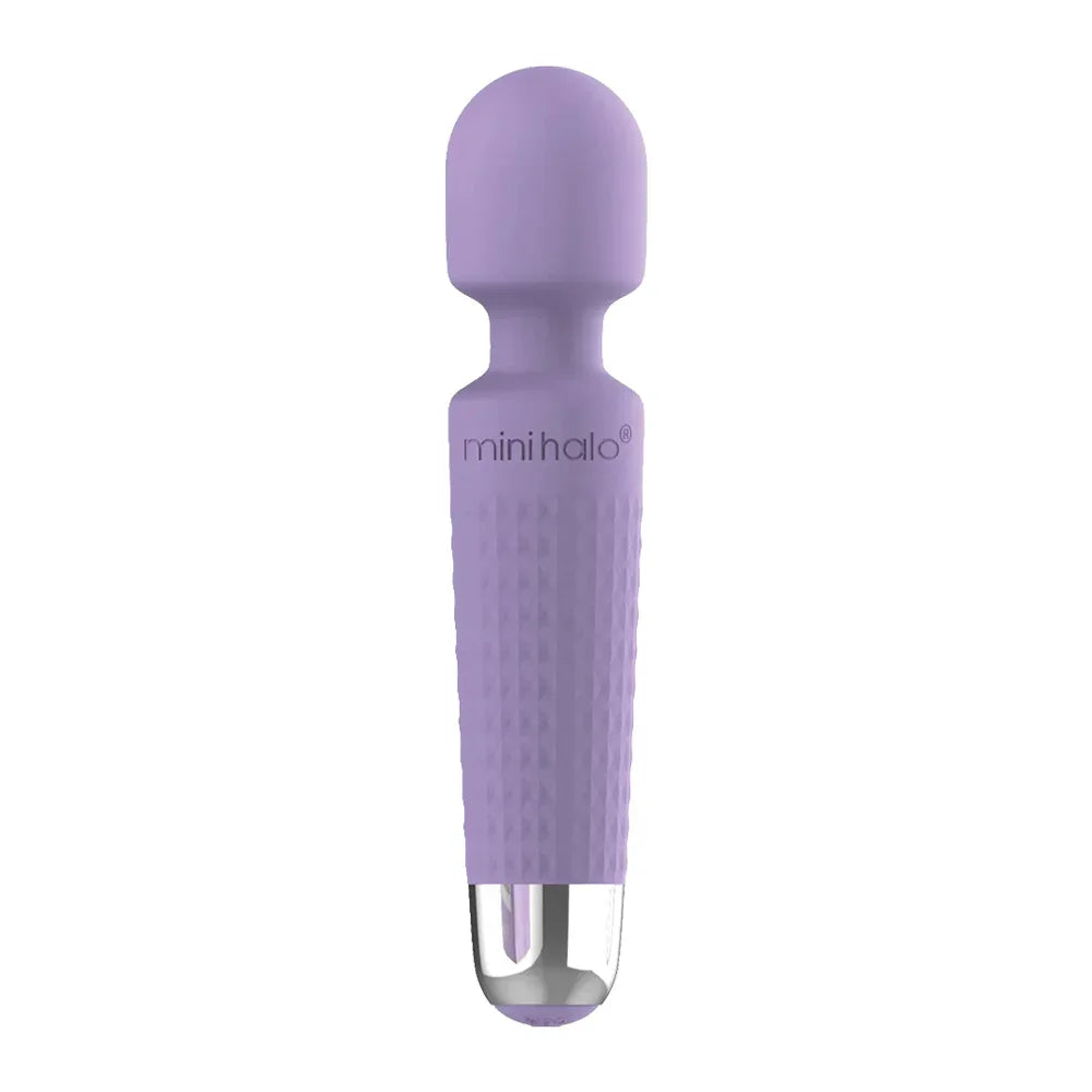 Purple wand vibrator with 'mini halo' branding on a white background