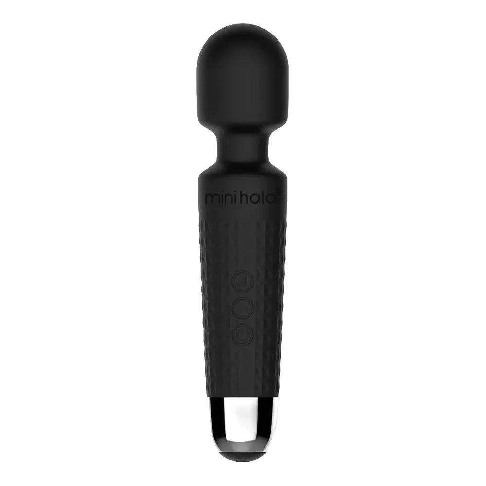 Black handheld wand vibrator on a white background