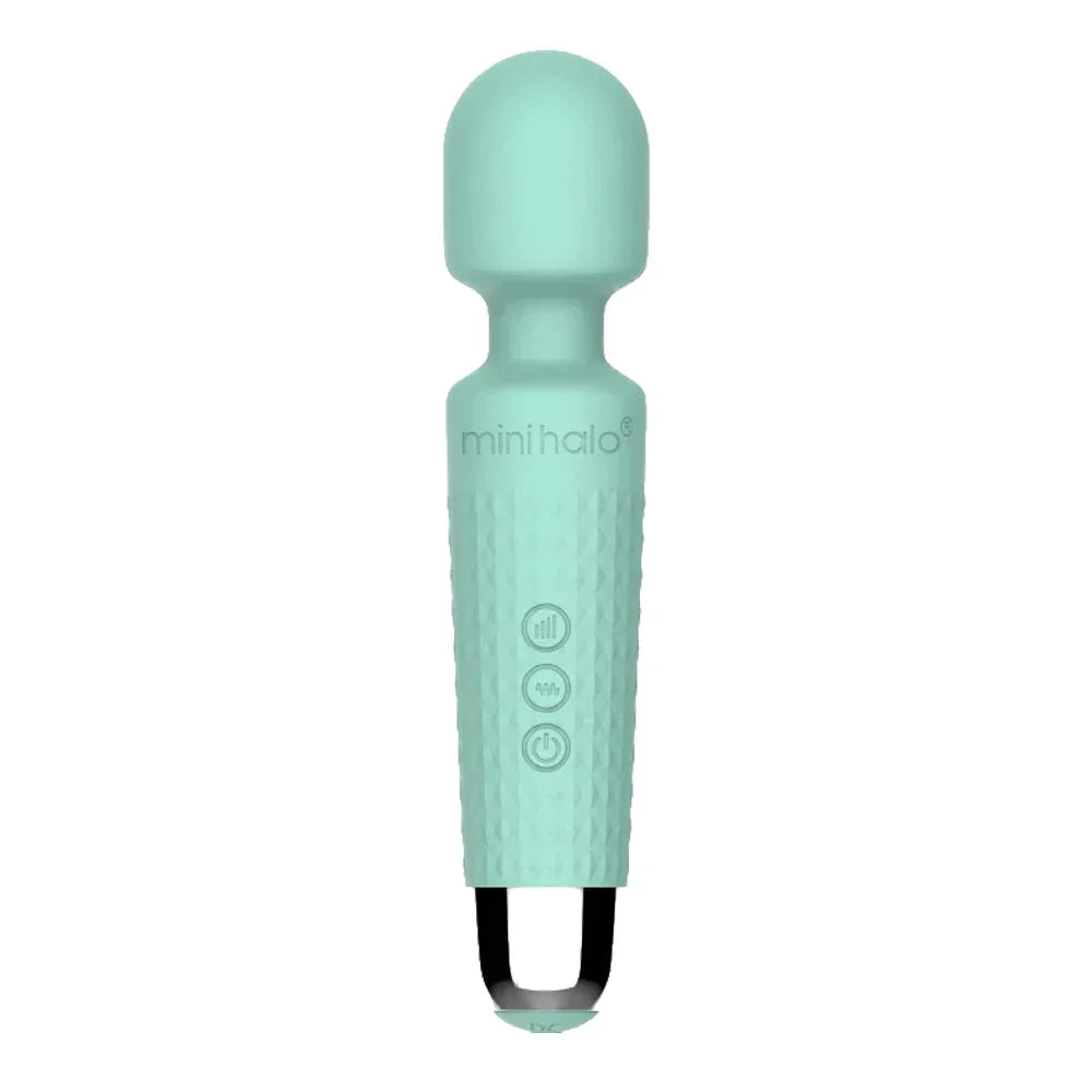 Mint green handheld wand vibrator with 'mini halo' branding on a white background