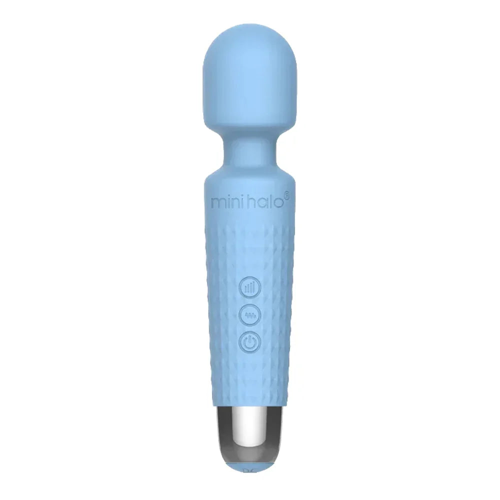 Blue handheld wand vibrator with 'mini halo' branding on a white background