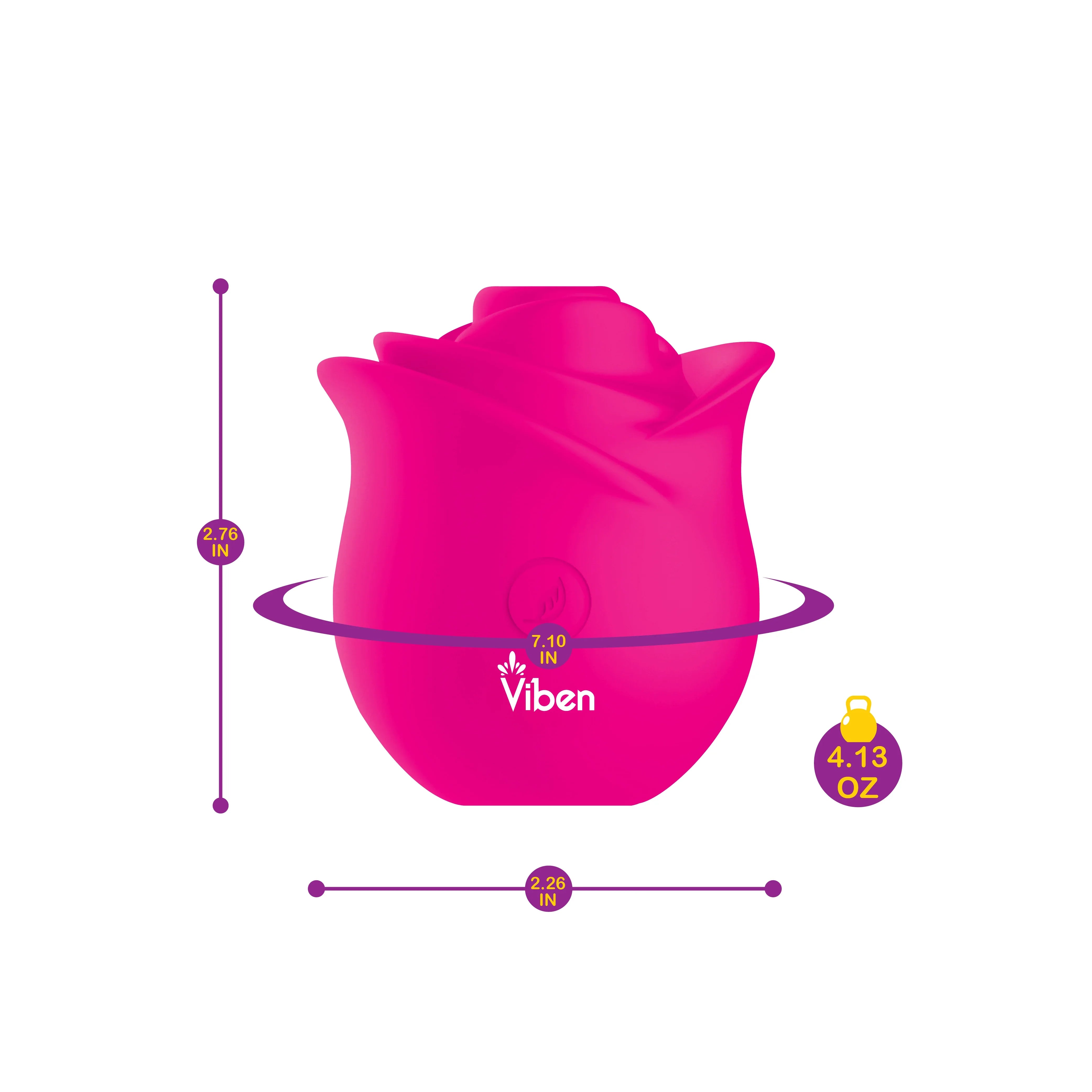 Pink silicone rose-shaped massager with measurements and 'Viben' branding on a white background