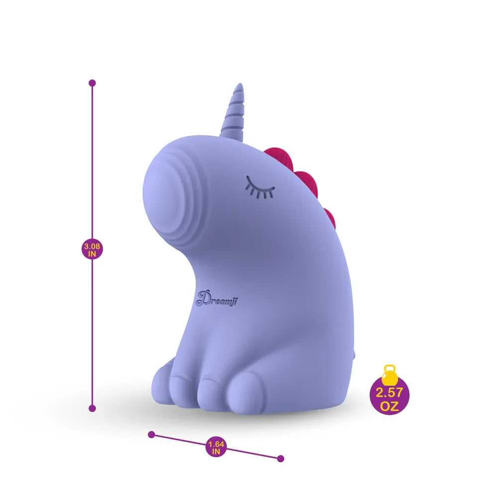 Purple unicorn-shaped vibrator with measurements on a white background