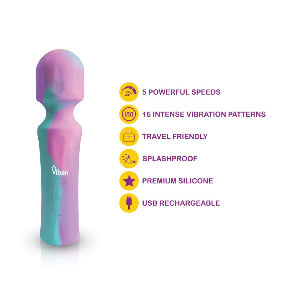 Multicolor wand with features listed on a white background