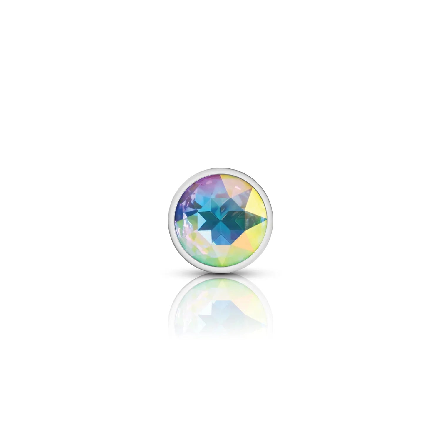 Multicolored gemstone in a silver setting on a white background