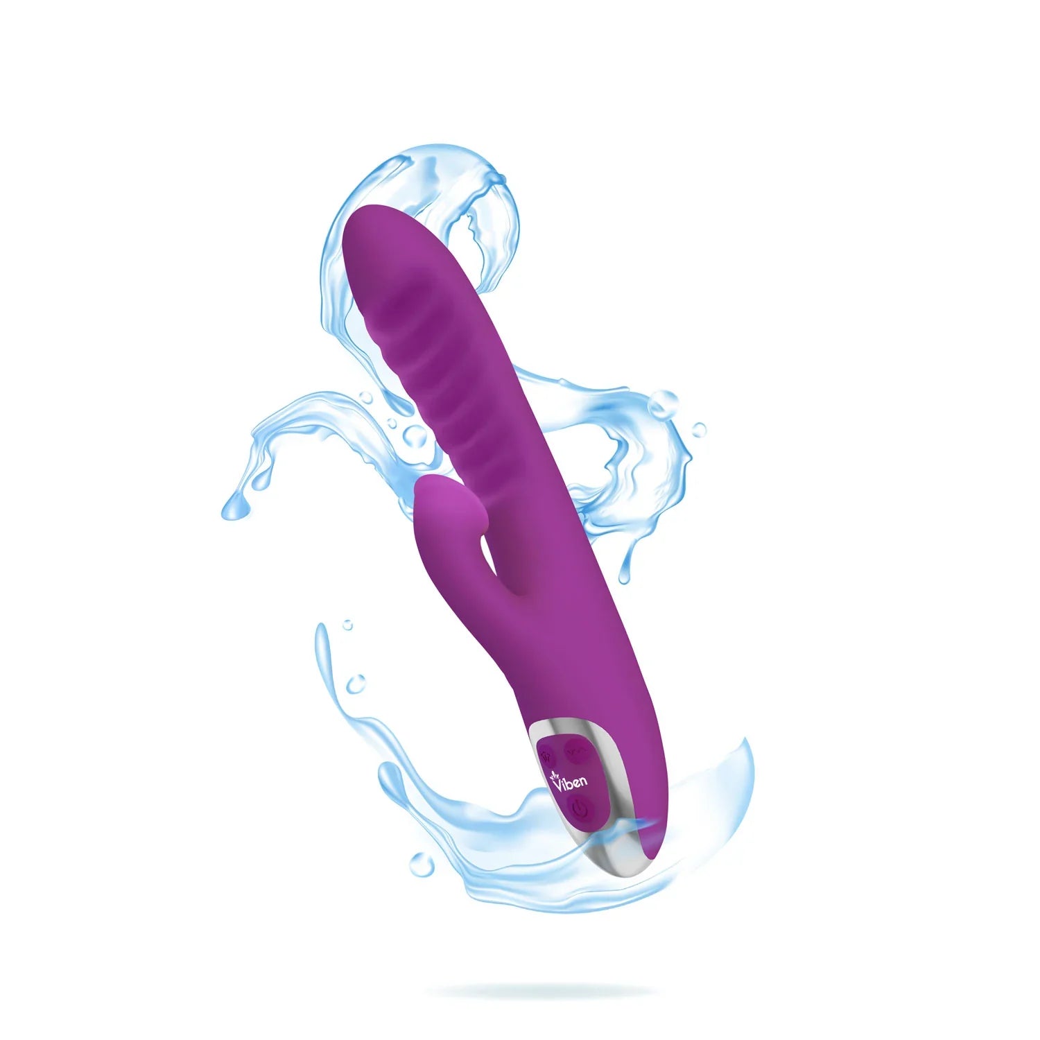 Purple toy with water splashes on a white background