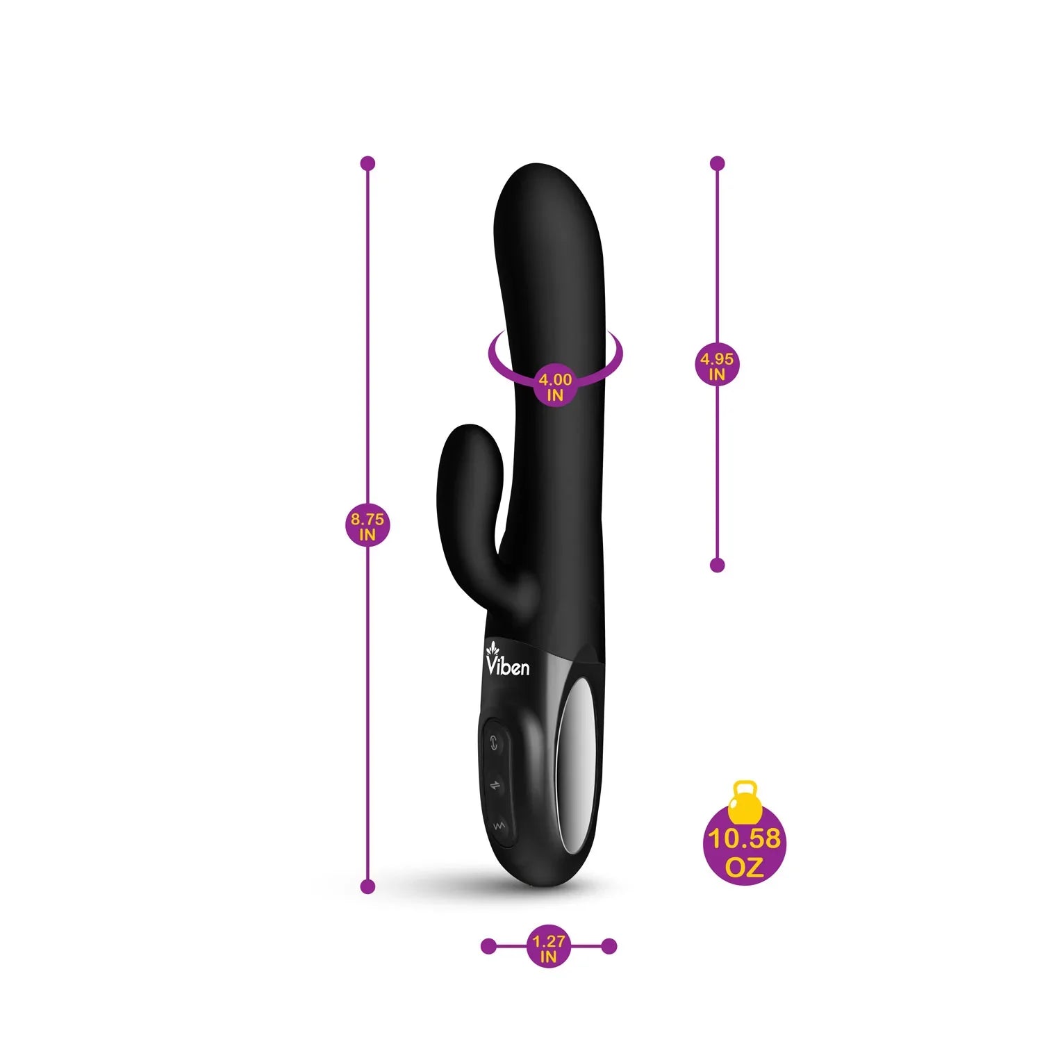 Black electronic massager with measurements on a white background