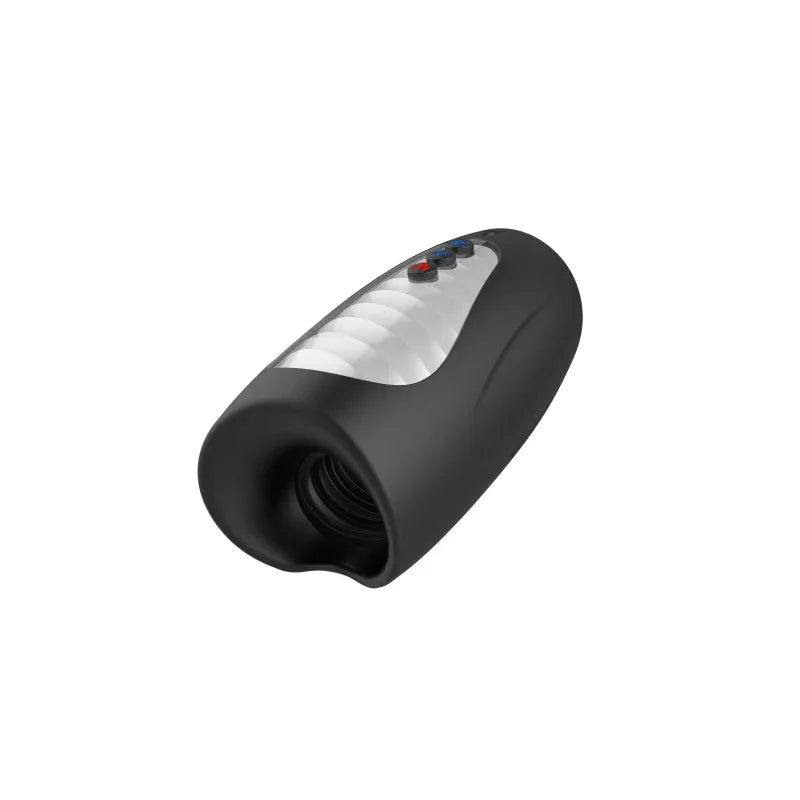 Black handheld men's masturbator with a lens on a white background