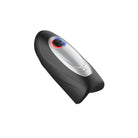 Black and silver men's masturbator  with a red light on a white background