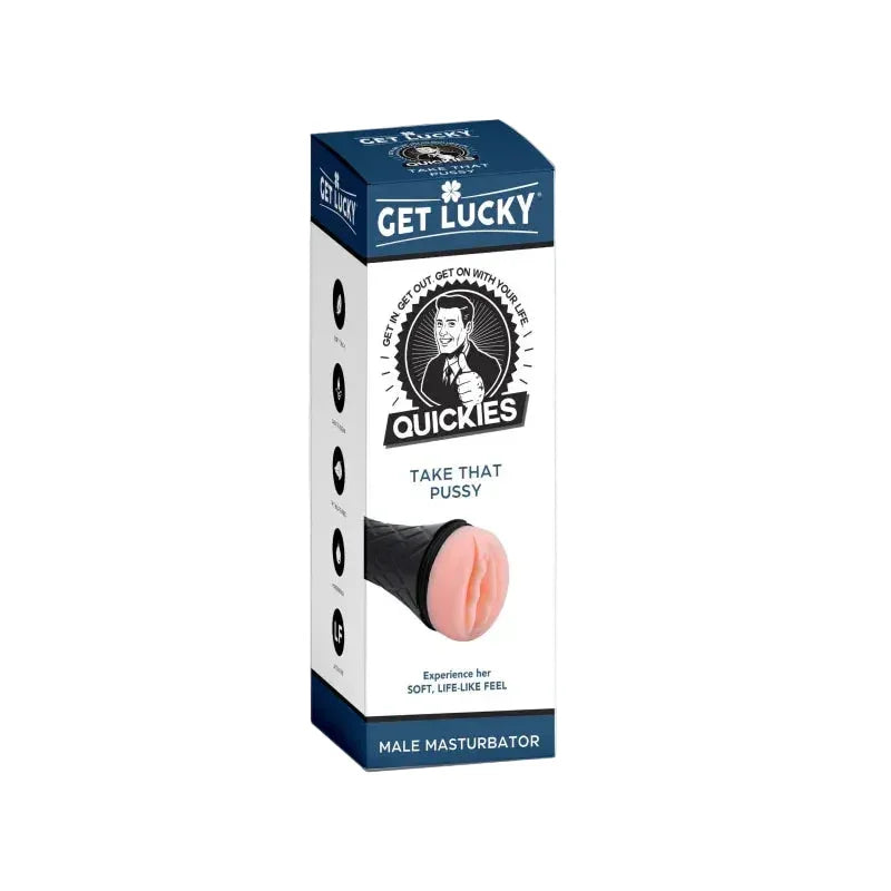 Box of 'Get Lucky Quickies' male masturbator on a gray background