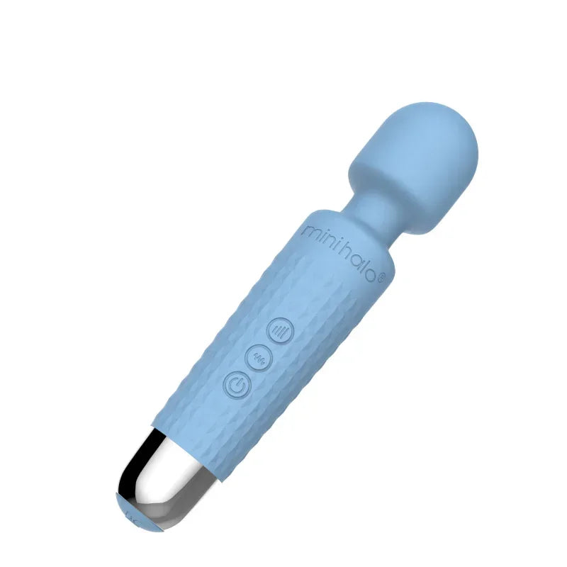 Blue silicone wand vibrator with branding on a white background