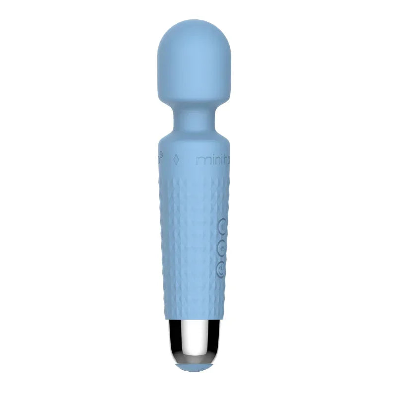Blue handheld massager with a metallic tip on a white background