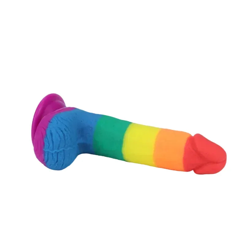 Colorful dildo with a rainbow pattern on a light gray background