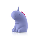 Purple unicorn-shaped product with a logo on a white background