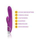 Purple toy with features listed on a white background