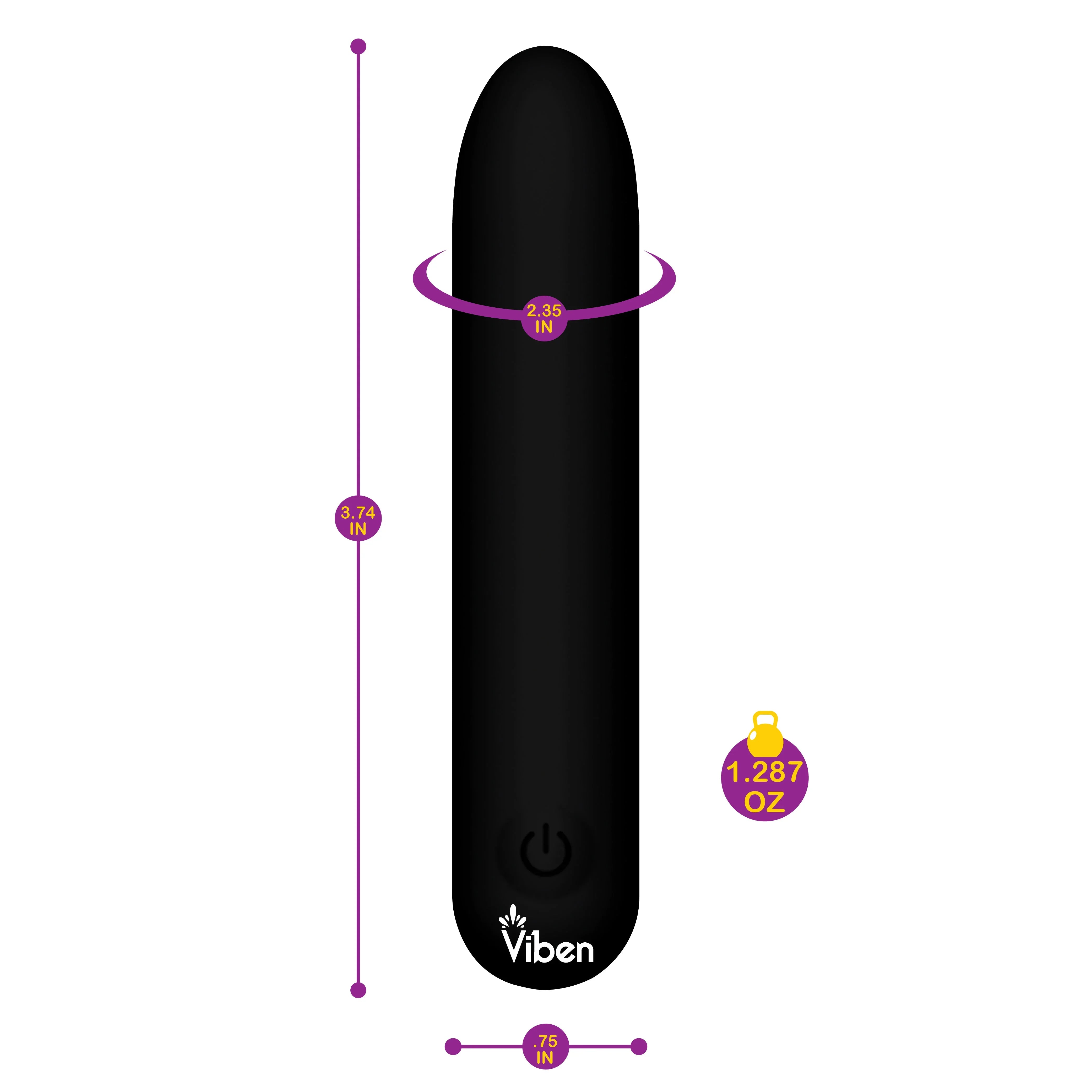 Black electronic massager with measurements and branding on a white background